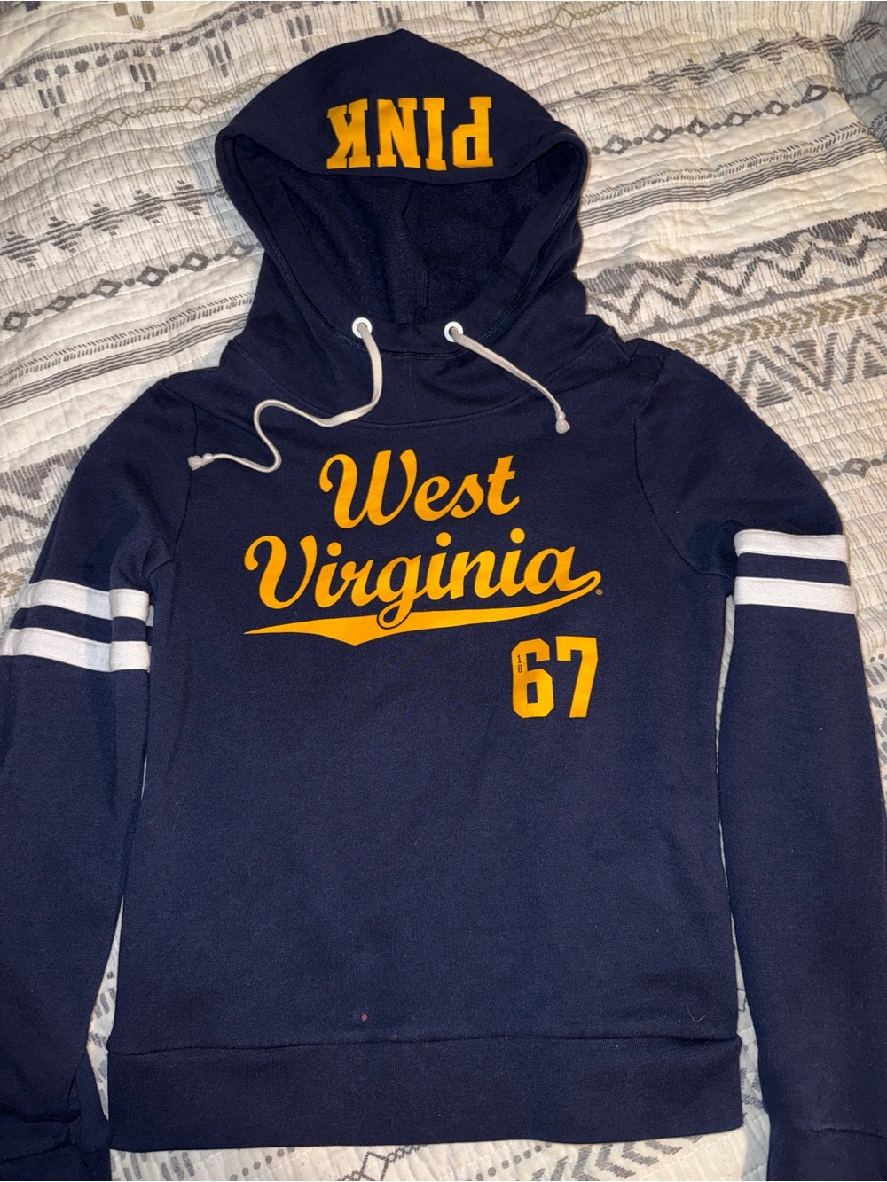 💙PINK Victoria's Secret & 5th & Ocean Navy Blue & Gold "West Virginia 67" Hoodie